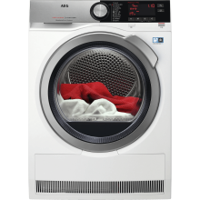 Uscator de rufe AEG T8DBC49S, Pompa de caldura, 9 kg, 10 programe, Clasa A++, Motor Inverter, Filtrare OKOFlow, Touch LCD, Iluminare interioara, Alb