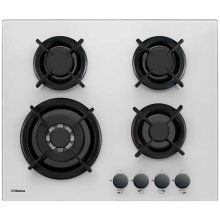 Plita incorporabila Hansa BHGW63111035, 60 cm, Gaz, 4 arzatoare, comenzi frontale, WOK, siguranta, aprindere electrica, gratar fonta, sticla alba