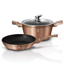Set oala cu capac si tigaie marmorate (3 piese) din aluminiu forjat Rose Gold (Cupru) Metalic Line Berlinger Haus BH 1281N